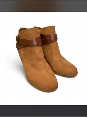 Indigo Cognac Suede Ankle Booties with Leather Strap